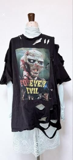 FOREVER EVIL ダメージTシャツ ミントグリーン重ね着のサムネイル