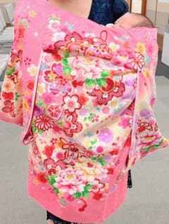 クリーニング真空パック済 産着 初着 お宮参り 着物 きもの 女の子 ピンクのサムネイル