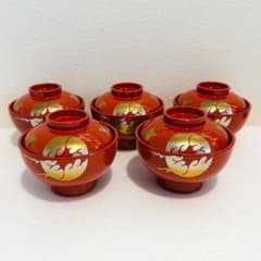会津塗 金彩蒔絵蔦紋 蓋付きお吸い物椀 5客セット 漆器 汁碗 吸物椀揃
