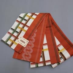 M18-13 未使用 ポリエステル 半巾帯 赤茶系 格子/吉原繋ぎ
