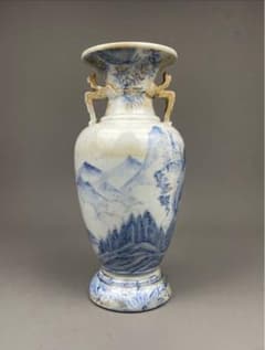 平戸焼 耳付花瓶 双耳 染付 飾壺 茲朗窯 山水図 本時代 希少品 白磁 花器 平戸焼 耳付花瓶 双耳 染付 飾壺 茲朗窯 山水図 本時代 希少品 白磁