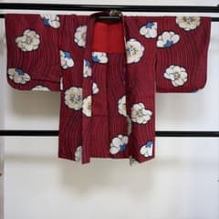 □E7137□アンティーク□正絹□赤×黒 花柄 銘仙 袷 長羽織□リメイク用