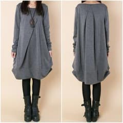 「グレー　M/L」コクーン シルエット ダブルタック ワンピース 011のサムネイル