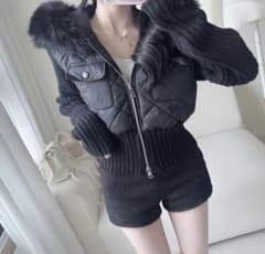 ✅即納可能 miu系穿搭 ワンホン韓国 ニットスリーブエコファーダウンジャンパー miu系穿搭 ワンホン韓国ニットスリーブエコファーダウンジャンパー