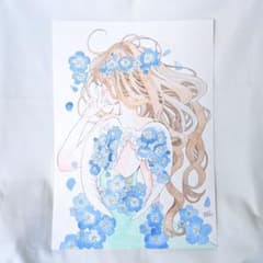 【Blue】オリジナル　手描き　イラスト　透明水彩　一点物　原画　ネモフィラ Blue】オリジナル 手描き イラスト 透明水彩 一点物 原画 ネモフィラ
