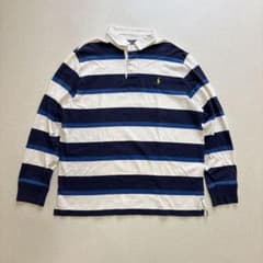 希少XL】90s ポロラルフローレン刺繍ロゴ 太ボーダー ラガーシャツ 紺
