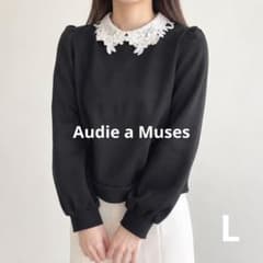 美品 オーディアミューズ 付け襟付プルオーバー 花柄モチーフ ブラック 