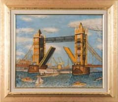 山下清　油彩　肉筆『ロンドンのタワーブリッジ』表と裏サイン　F8号　額装　z67 山下清 油彩 肉筆『ロンドンのタワーブリッジ』表と裏サイン F8号 額装