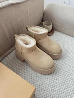 UGG ベージュ 厚底ファー付きショートブーツ ムートンブーツ 23CM#37 UGG ベージュ 厚底ファー付きショートブーツ ムートンブーツ 23CM#37