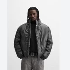 美品】ZARA フェイクレザー パフジャケットXL ダウン完売品 ブラック