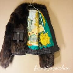【フォックスファーコート】ジャケット×レザー　スカーフ総柄裏地 希少デザイン フォックスファーコート】ジャケット×レザー スカーフ総柄裏地 希少