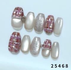 現品☆ネイルチップ ツイード ピンク系 ビジュー 秋ネイル マグネットネイル