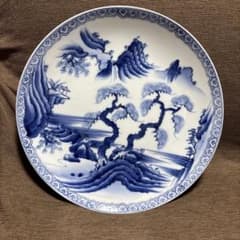 山徳釜 山水画 染付 大皿 プレート 和食器 34センチ 30センチ以上