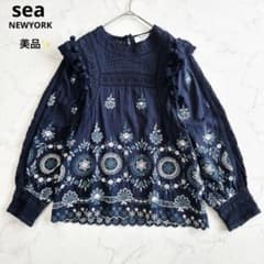 美品 シーニューヨーク カットワーク刺繍 ラッフルレースブラウス 
