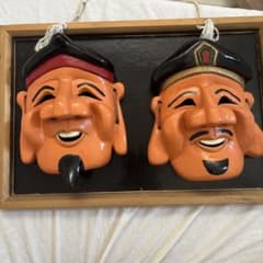 お面 2点セット 壁掛け 祭り用品　木彫り