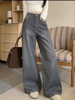 ストライプ柄 ワイドデニムパンツ ハイウエスト レディース　秋服のサムネイル