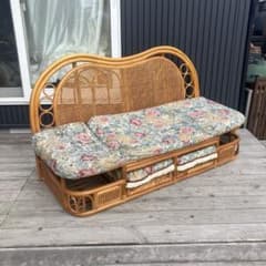 昭和レトロ 花柄ラタンチェア 2人掛けソファー 収納付き 古家具
