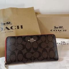 COACH 長財布 シグネチャー 柄 ブラウン 赤 新品 箱付 - メルカリ
