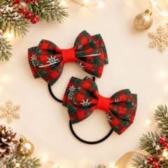 クリスマス チェック柄 リボン ヘアゴム 2個セットのサムネイル