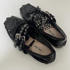 MIU MIU パテントレザー リボン ダブルストラップ バレエシューズ