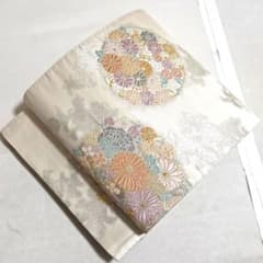 A5◇着物くつろぎ 花円模様 金銀糸 辻が花 菊 牡丹 六通 正絹 袋帯 330