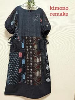 着物リメイクワンピース☆古布木綿☆楽チンドルマンスリーブ☆ML〜LL