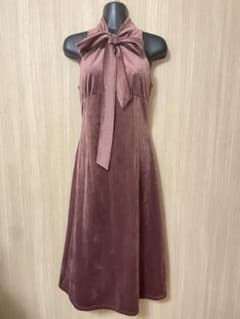 ボウタイ付き ベロア ロングワンピース ピンクのサムネイル