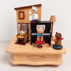 【未使用】オルゴール機構 巻き上げ式 木製オルゴール ピアノを弾く猫 オルゴールのサムネイル