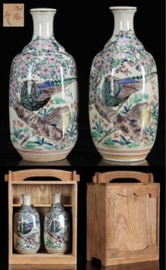 九谷焼 花鳥文蓋付徳利 一対 専用木箱付 雉 桜 銘有 酒器 花瓶 古美術 骨董 九谷焼 花鳥文蓋付徳利 一対 専用木箱付 雉 桜 銘有 酒器 花瓶 古美術