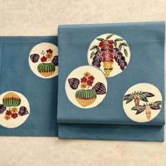 本場琉球紅型染 名古屋帯 縮緬 正絹 青 中古 カジュアル ブルー mym188 