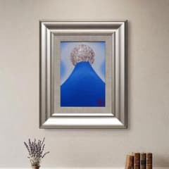 ○『プラチナ青富士』○がんどうあつし油絵 SM油彩額付銀シルバー満月