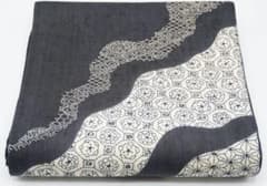 帯 袋帯 刺繍 黒（ダークグレー）紬地 麻の葉 シミあり 446×31cm 