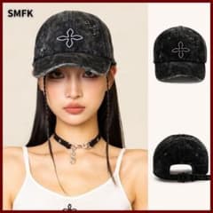 SMFK キャップ ブラック ダメージ加工