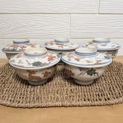 古伊万里】金彩 赤絵 蓋付茶碗 5客セット 明治期 瑞獣松竹梅 縁起物