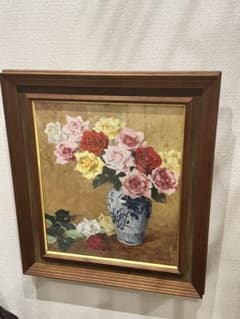 14) 真作 関川富士郎 直筆サイン入 油彩 絵画 薔薇 アンティーク
