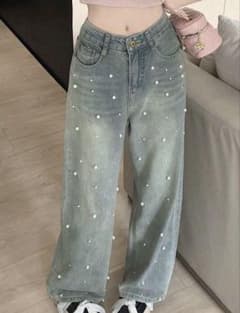 SHEIN パール装飾 ワイドデニムパンツのサムネイル