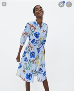 ZARA 花柄 ワンピース ブルー Lサイズのサムネイル