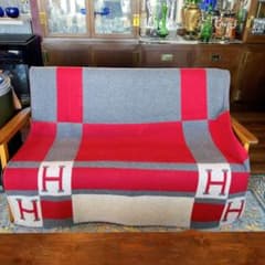展示品】 HERMES プレード アヴァロン ブランケット レッド×グレー