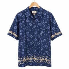 vintage★ アロハシャツ ハイビスカス ネイビー 花柄　レトロ　古着　半袖のサムネイル