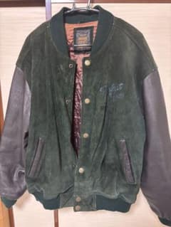 90s スタジャン レザージャケット 緑 黒 刺繍 牛革 Fサイズのサムネイル