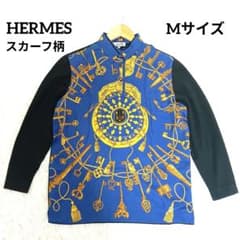 HERMES スカーフ柄カシミヤ混 シルク ニットブラウス ポロシャツ 総柄 