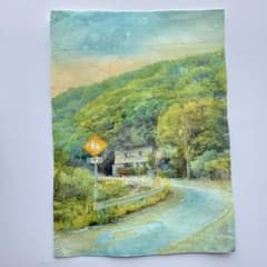 ポストカード 風景画 峠道と通学路 水彩画風 インテリアのサムネイル
