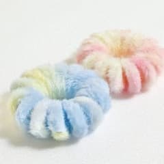 Fluffy fur hair ties, set of 2, pink and blue.