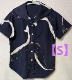 美品　POWDER 下迫秀樹　クジラ柄　長袖シャツ　ブルー　希少 powder】下迫秀樹 クジラ アロハ セーラーカラー 半袖シャツ 濃紺