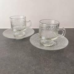 Showa Retro Clear Glass Cup and Saucer Set, Antique, Set of 2