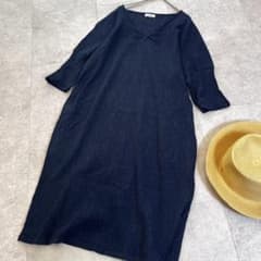 イッセイミヤケ 織り柄シボ加工 ロングワンピース 綿100 紺 プランテーション イッセイミヤケ 織り柄シボ加工 ロングワンピース 綿100 紺