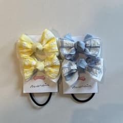 チェックリボン　ヘアゴムセット ♡ 水色 イエロー　お揃いリボンのサムネイル