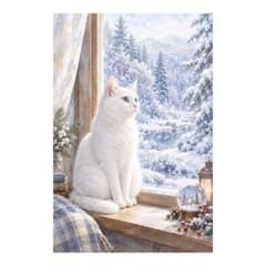 雪景色と窓辺で座る白猫の柔らかな透明水彩風アート A4 インテリア