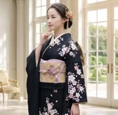 名品】高級正絹振袖フルセット黒 桜尽くし 淡藤ぼかし 地紋 高級古典