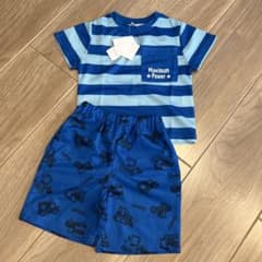 ベビーパジャマ 青 ストライプ トラクター柄のサムネイル